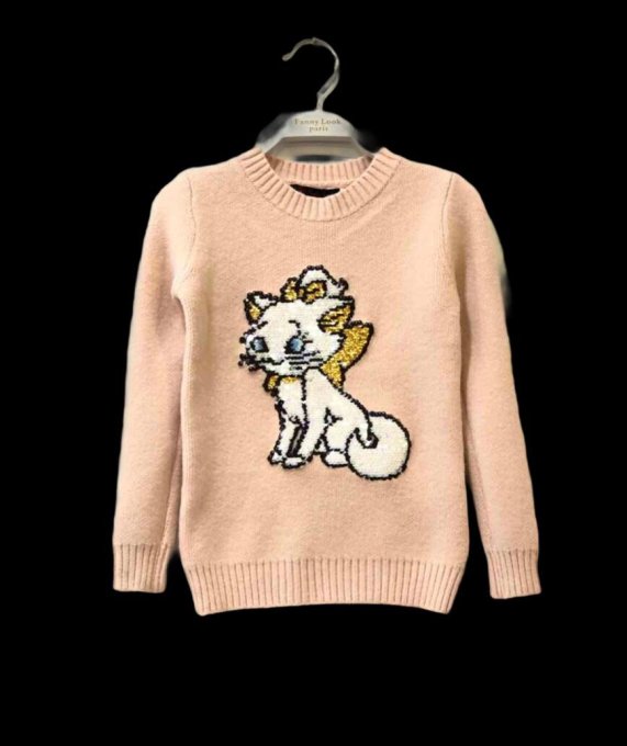 pull-over rose petit chat blanc  avec sequins réversibles